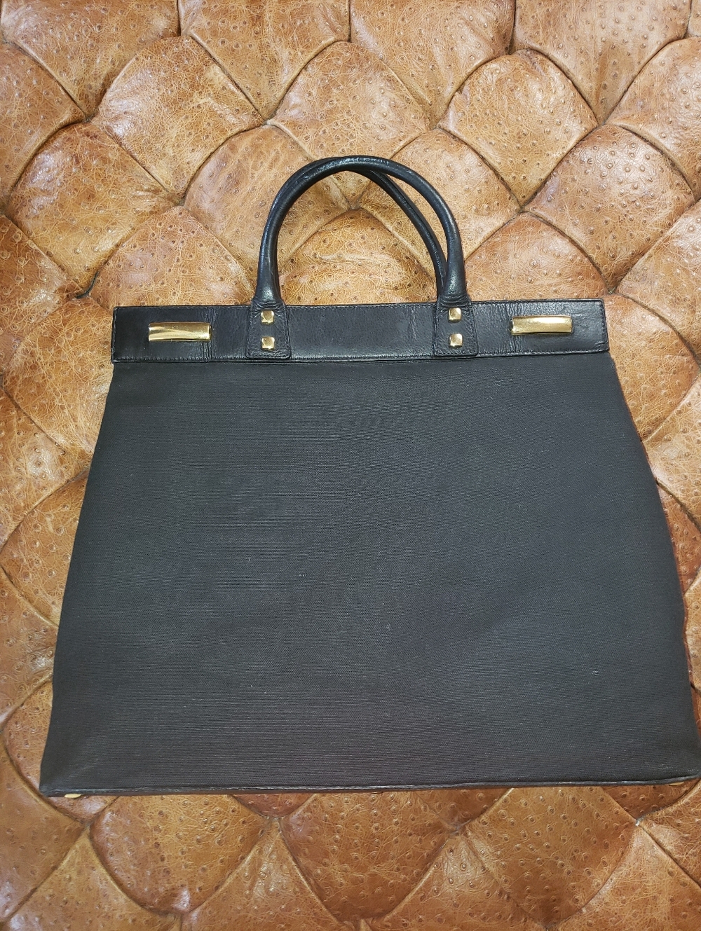 Rare True Vgt. Donna Karan XL Black Canvas Black Gen Leather Suede Lined Tote
